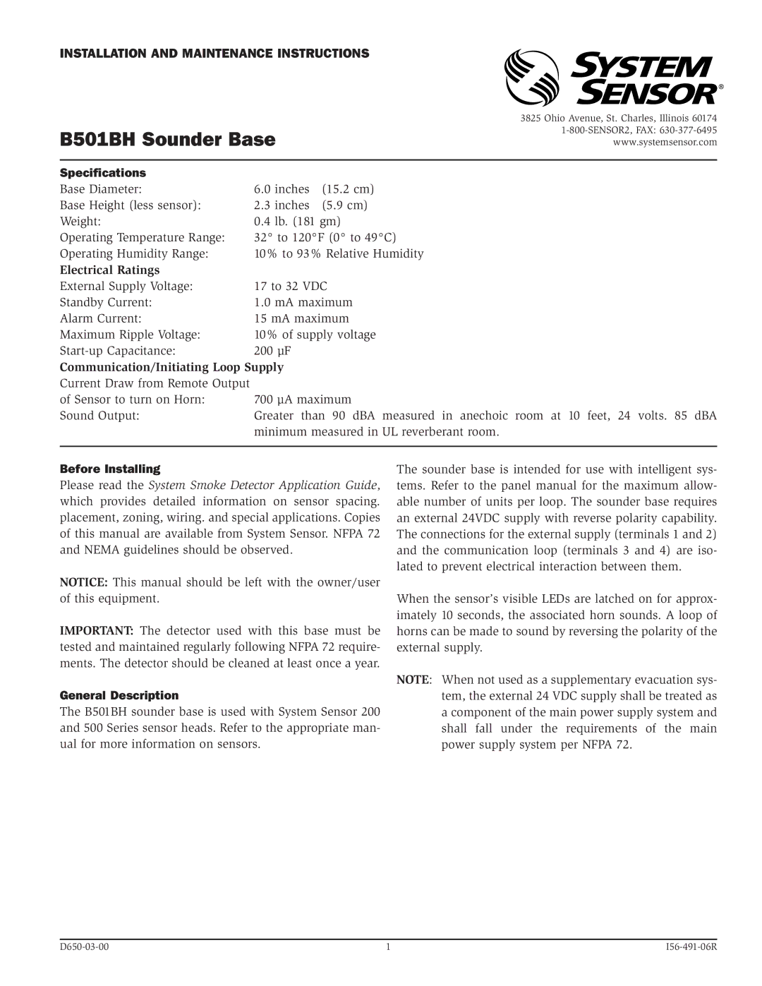 System Sensor B501BH specifications Specifications, Electrical Ratings, Communication/Initiating Loop Supply 