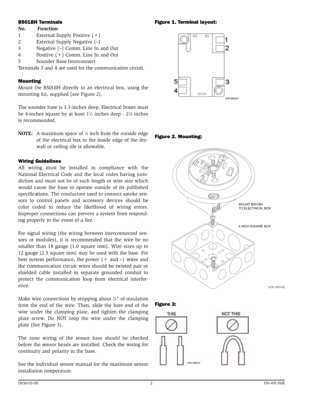 System Sensor specifications B501BH Terminals, No. Function, Mounting, Wiring Guidelines 