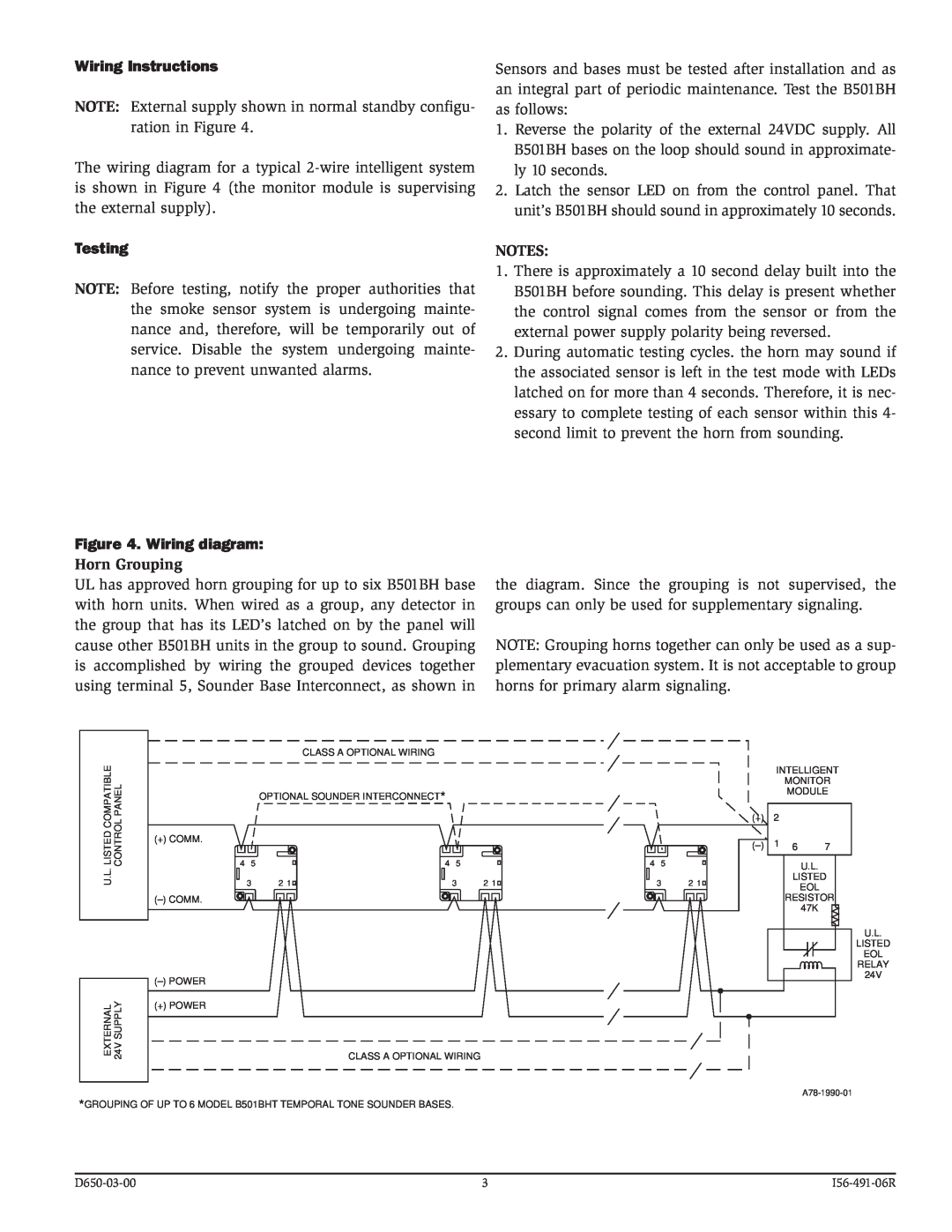 System Sensor B501BH specifications Wiring Instructions, Testing, Wiring diagram, Horn Grouping 