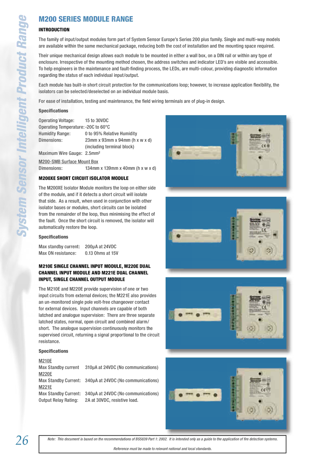 System Sensor BS5839 manual M200 Series Module Range, M200XE Short Circuit Isolator Module 