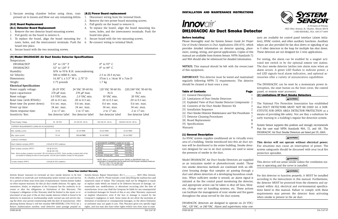 System Sensor DH100ACDC specifications Electrical Specifications, This device will not operate without electrical power 