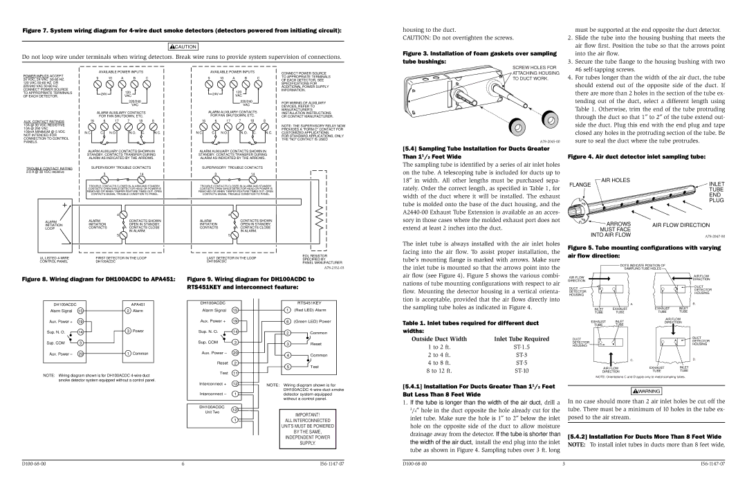 System Sensor DH100ACDC Inlet tubes required for different duct Widths, Outside Duct Width Inlet Tube Required 