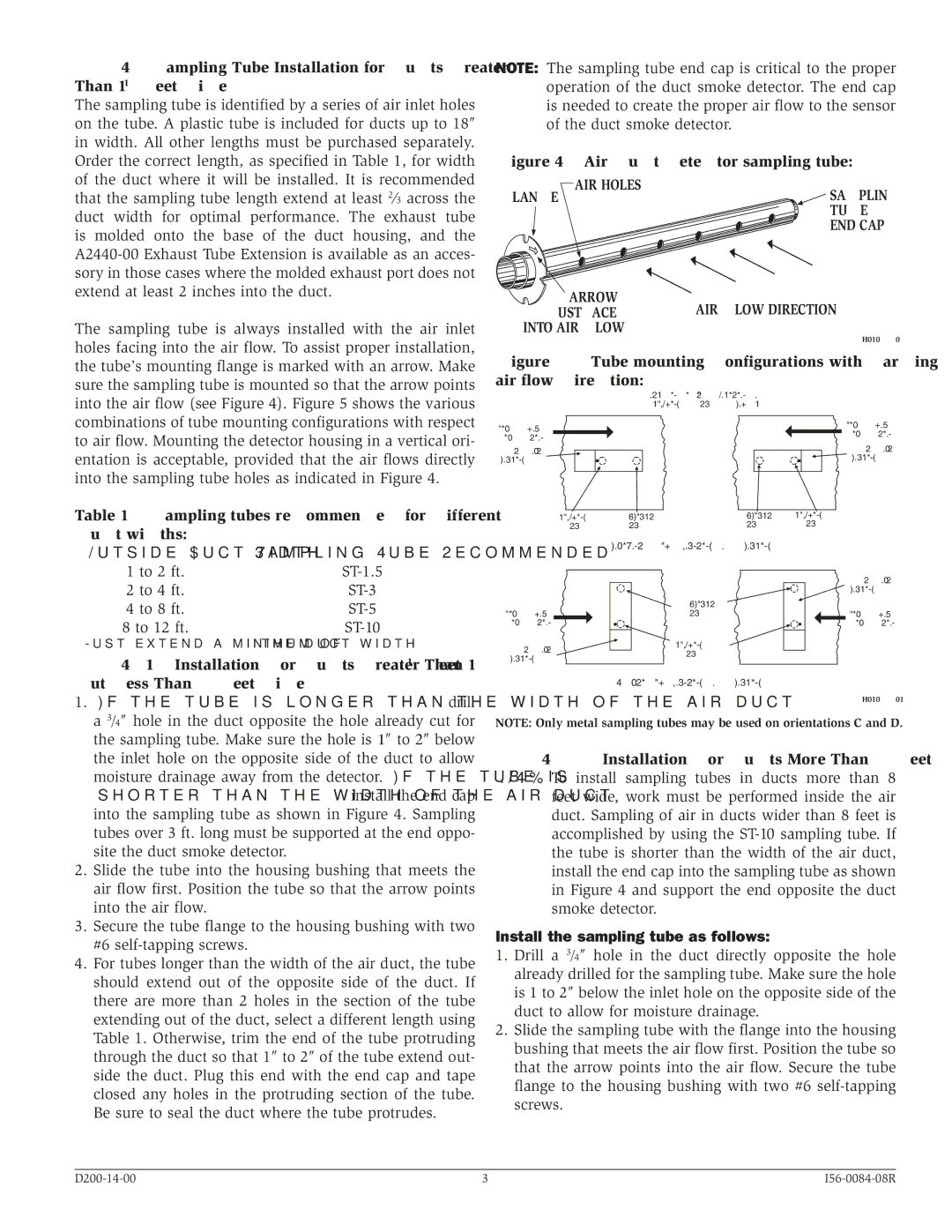 System Sensor DH100ACDCLP specifications Sampling tubes recommended for different duct widths, Outside Duct Width 