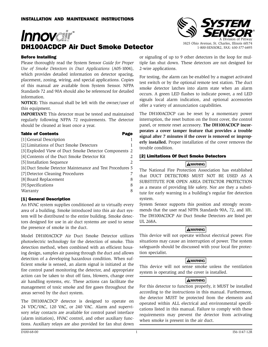 System Sensor DH100ACDCP specifications Before Installing, Table of Contents, General Description 