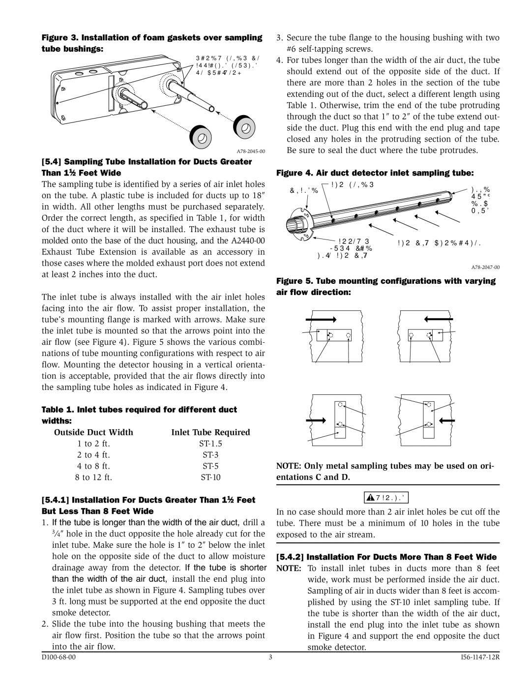 System Sensor DH100ACDCP Inlet tubes required for different duct widths, Outside Duct Width, Vertical Mounting of Housing 