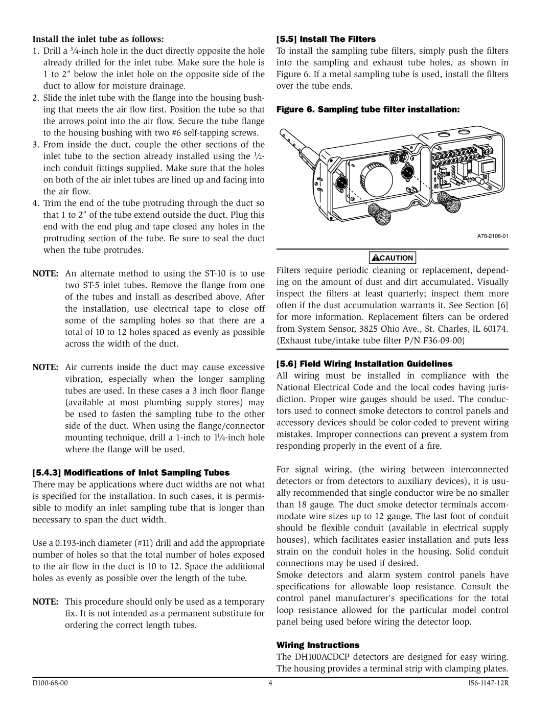 System Sensor DH100ACDCP Install the inlet tube as follows, Modifications of Inlet Sampling Tubes, Install The Filters 