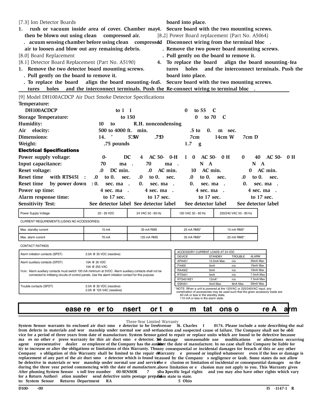 System Sensor DH100ACDCP specifications Ion Detector Boards, Board Replacement, Power Board replacement Part No. A5064 