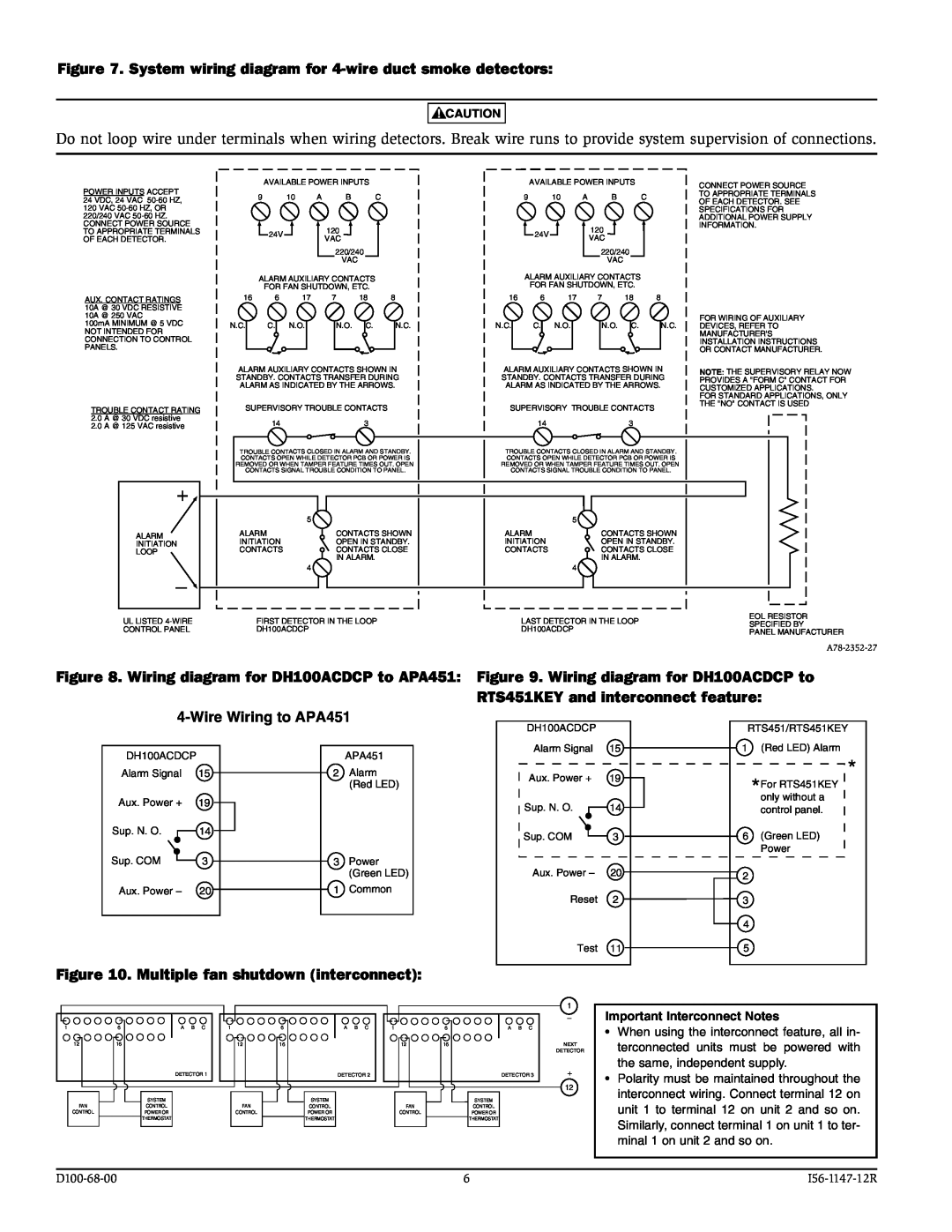 System Sensor Multiple fan shutdown interconnect, WireWiring to APA451, Wiring diagram for DH100ACDCP to APA451 