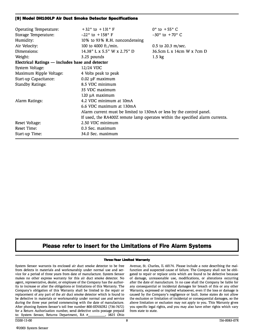 System Sensor DH100LP specifications Electrical Ratings - includes base and detector 