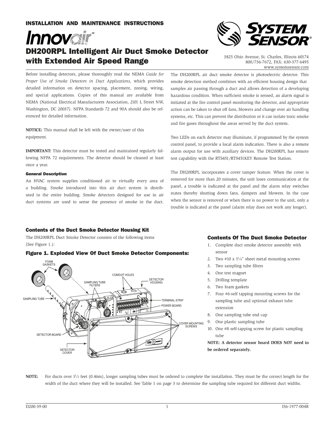 System Sensor DH200RPL manual Contents of the Duct Smoke Detector Housing Kit 