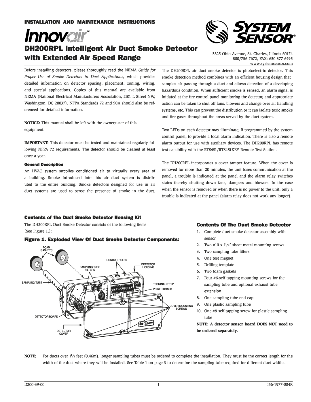 System Sensor DH200RPL manual Contents of the Duct Smoke Detector Housing Kit, General Description 