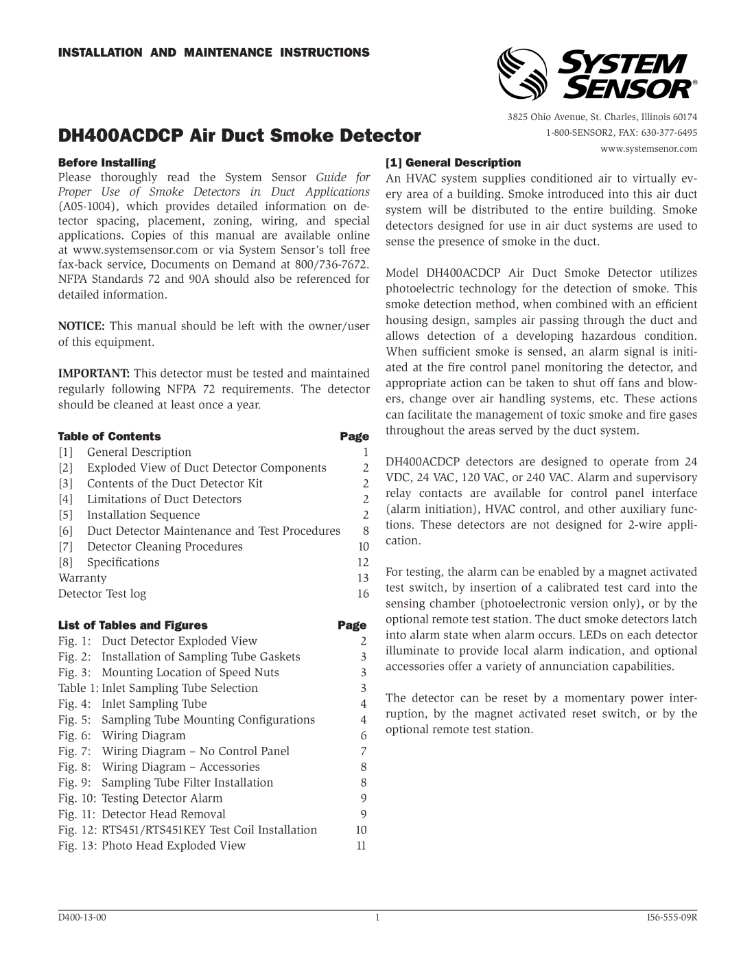 System Sensor DH400ACDCP specifications Before Installing, Table of Contents, List of Tables and Figures 