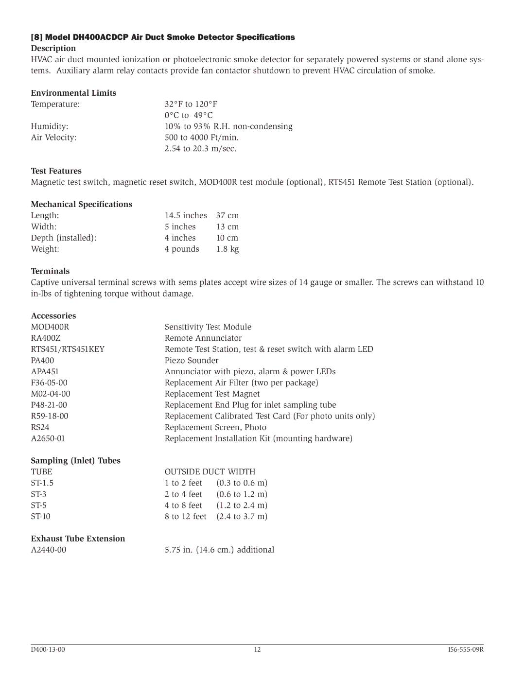 System Sensor DH400ACDCP Description, Environmental Limits, Test Features, Mechanical Specifications, Terminals 