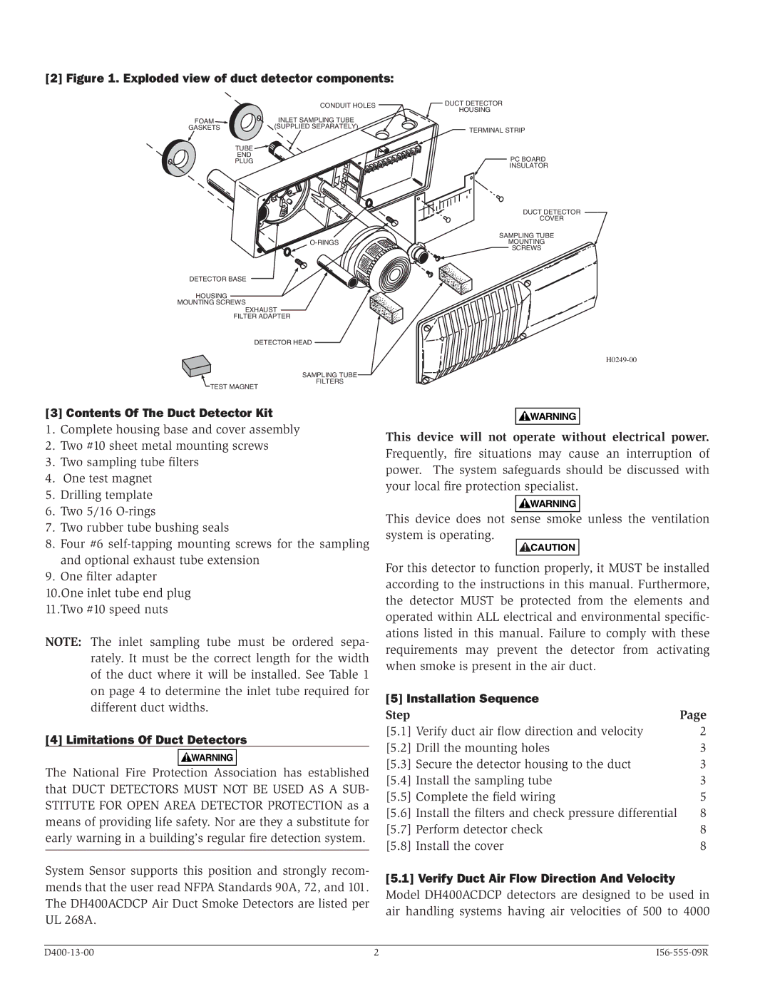 System Sensor DH400ACDCP Contents Of The Duct Detector Kit, Limitations Of Duct Detectors, Installation Sequence, Step 