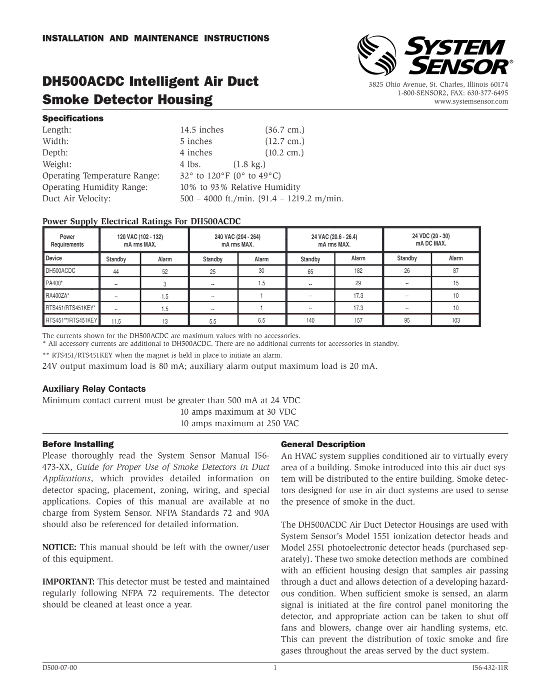 System Sensor specifications Power Supply Electrical Ratings For DH500ACDC, Before Installing, General Description 