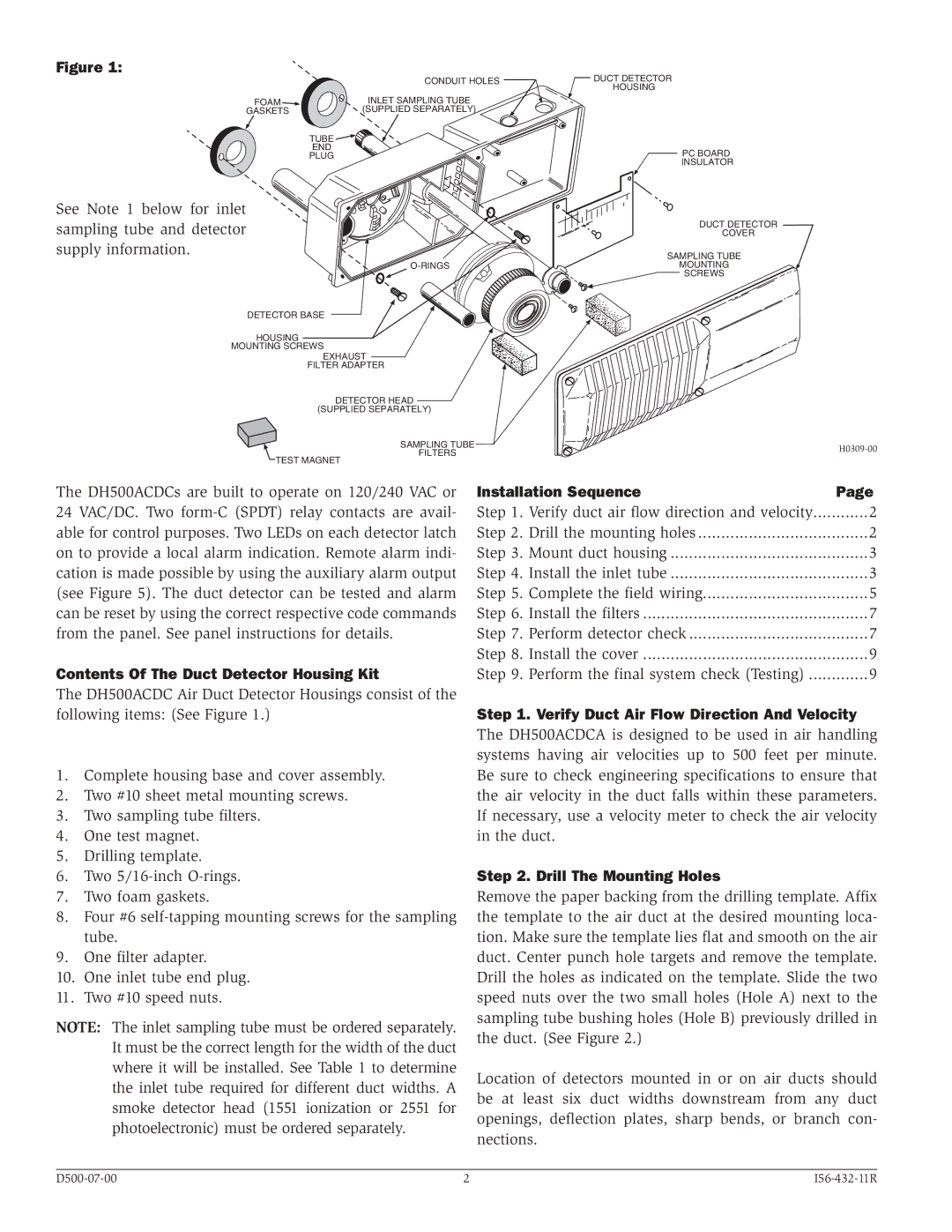 System Sensor DH500ACDC Contents Of The Duct Detector Housing Kit, Installation Sequence, Drill The Mounting Holes 