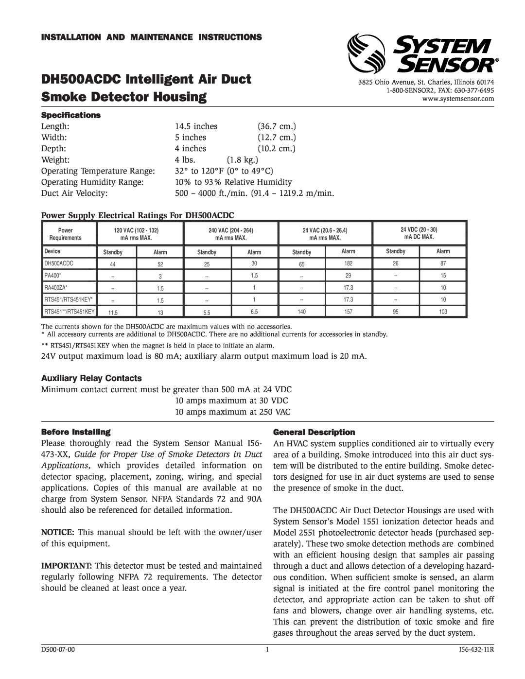 System Sensor DH500ACDC specifications Installation And Maintenance Instructions, Auxiliary Relay Contacts 