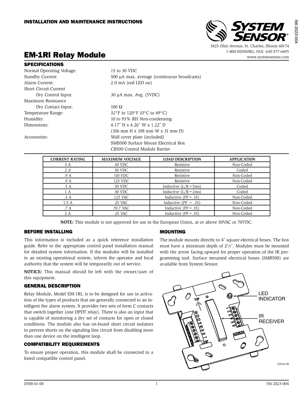 System Sensor EM-1RI specifications Installation and Maintenance Instructions, Specifications, Before Installing, Mounting 