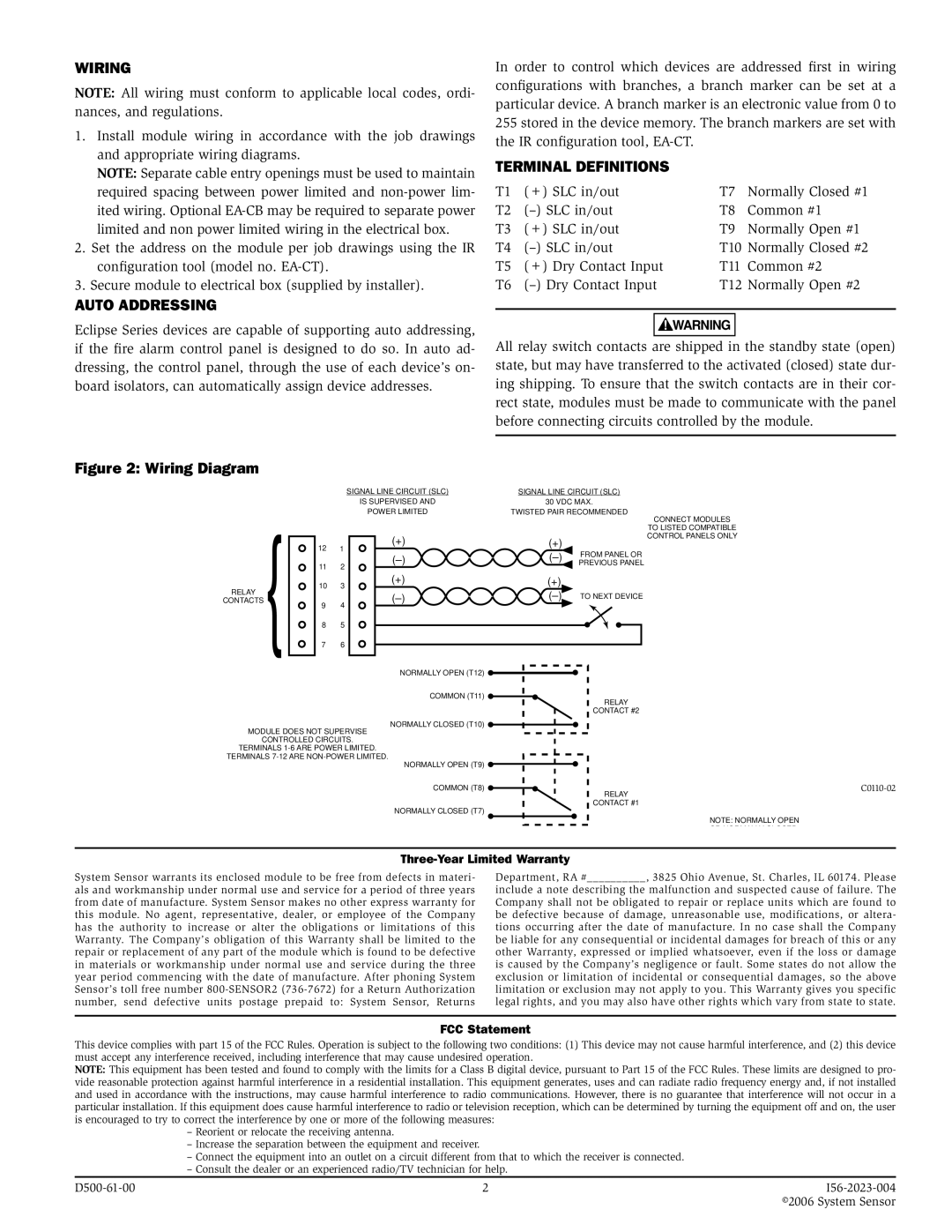 System Sensor EM-1RI Wiring, Auto Addressing, Terminal Definitions, Three-Year Limited Warranty, FCC Statement 