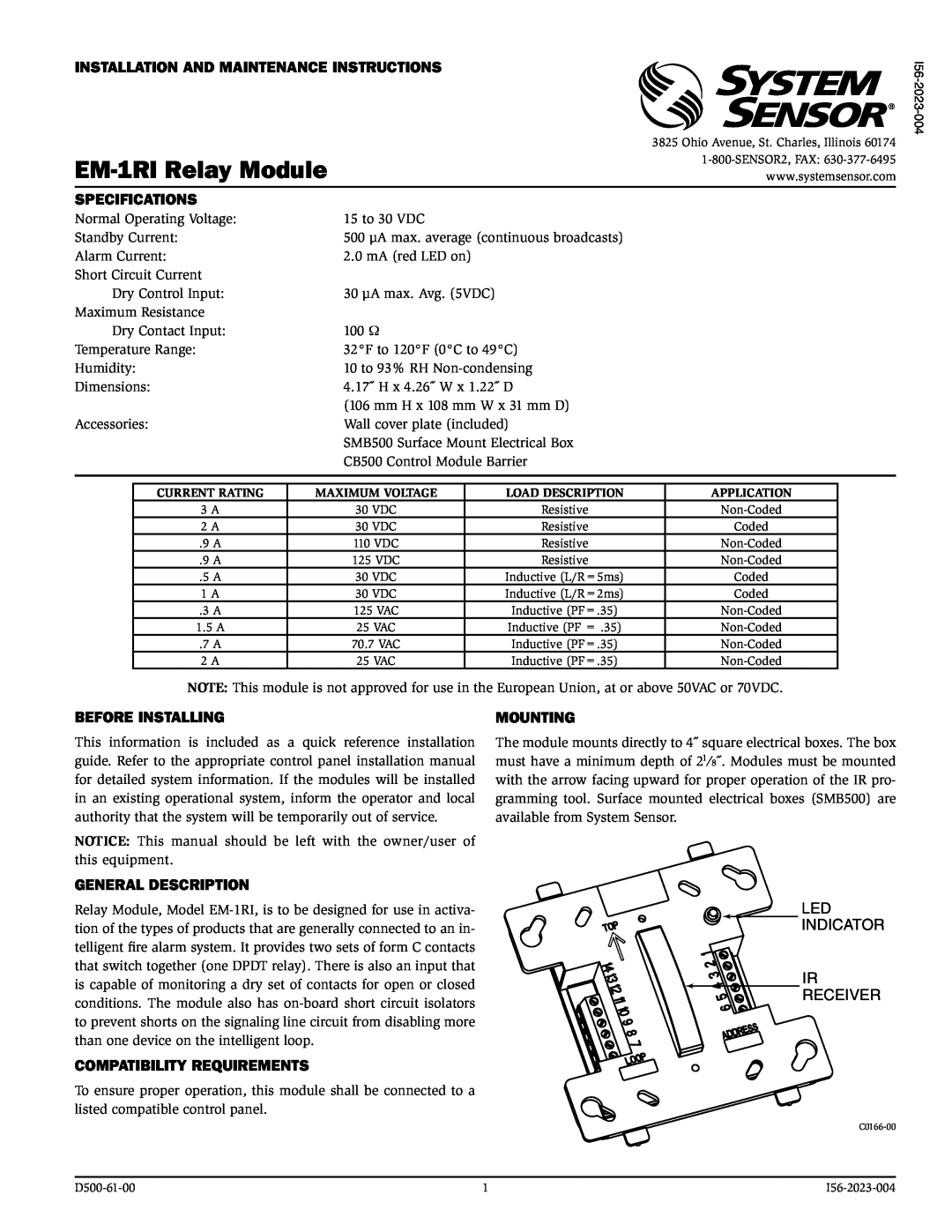 System Sensor EM-1RI specifications Installation And Maintenance Instructions, Specifications, Before Installing, Mounting 
