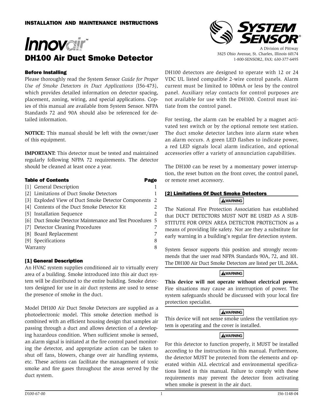 System Sensor D100-67-00, I56-1148-04 specifications Before Installing, Table of Contents, General Description 