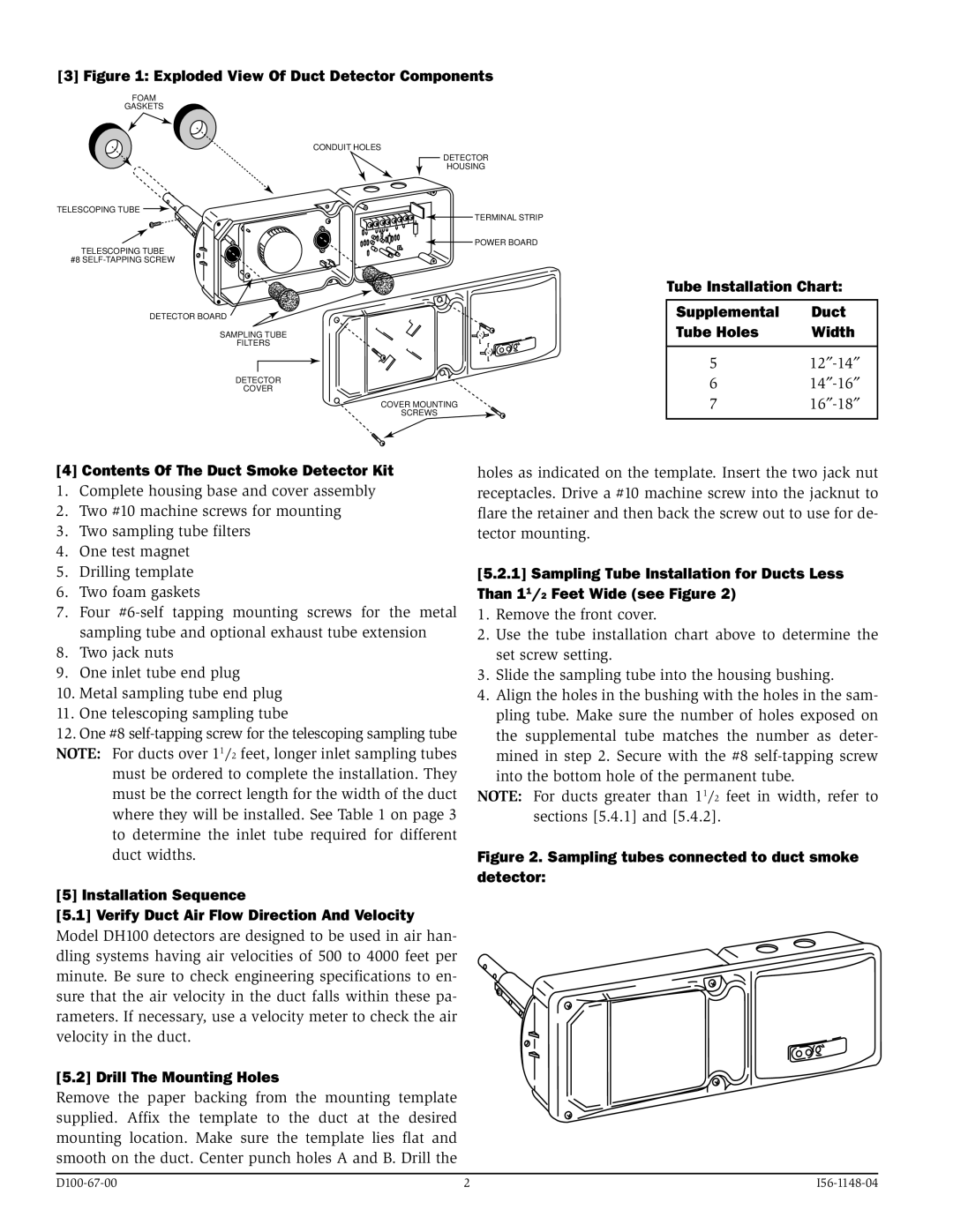 System Sensor I56-1148-04 Tube Installation Chart Supplemental Duct Tube Holes, Contents Of The Duct Smoke Detector Kit 