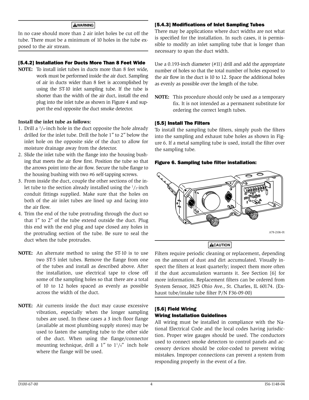 System Sensor I56-1148-04 Install the inlet tube as follows, Modifications of Inlet Sampling Tubes, Install The Filters 