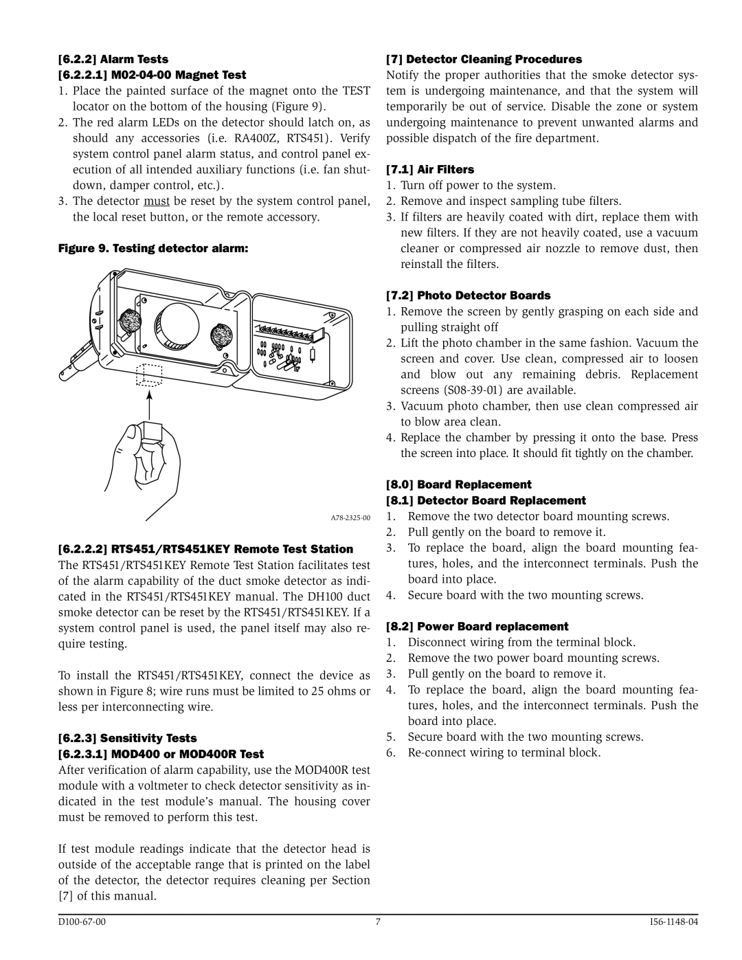 System Sensor D100-67-00 Alarm Tests 2.1 M02-04-00 Magnet Test, 2.2 RTS451/RTS451KEY Remote Test Station, Air Filters 