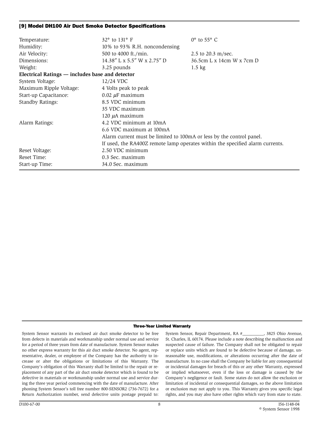 System Sensor I56-1148-04, D100-67-00 specifications Model DH100 Air Duct Smoke Detector Specifications 