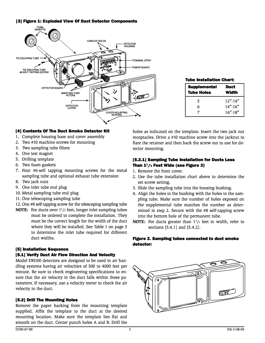 System Sensor I56-1148-04, D100-67-00 specifications Tube Installation Chart 