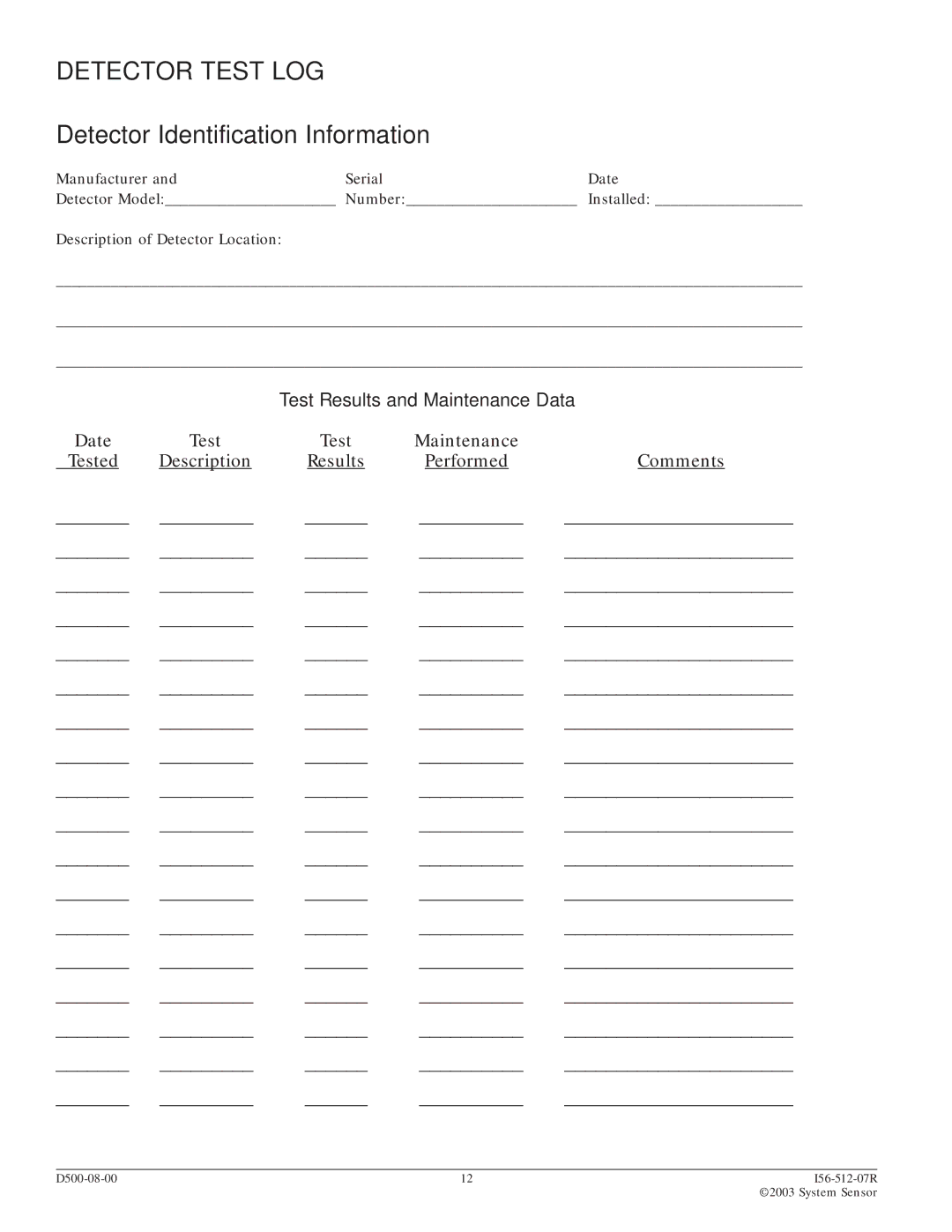 System Sensor DH500, Intelligent Air Duct Smoke Detector Housing specifications Detector Test LOG 