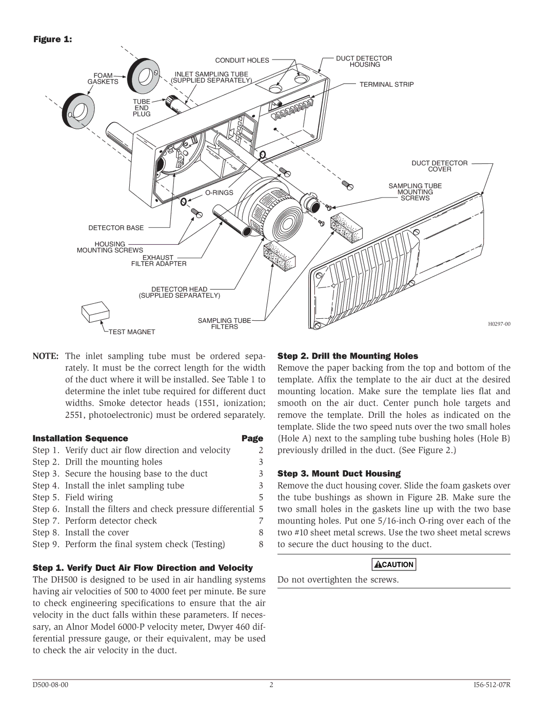 System Sensor DH500 specifications Installation Sequence, Drill the Mounting Holes, Mount Duct Housing 