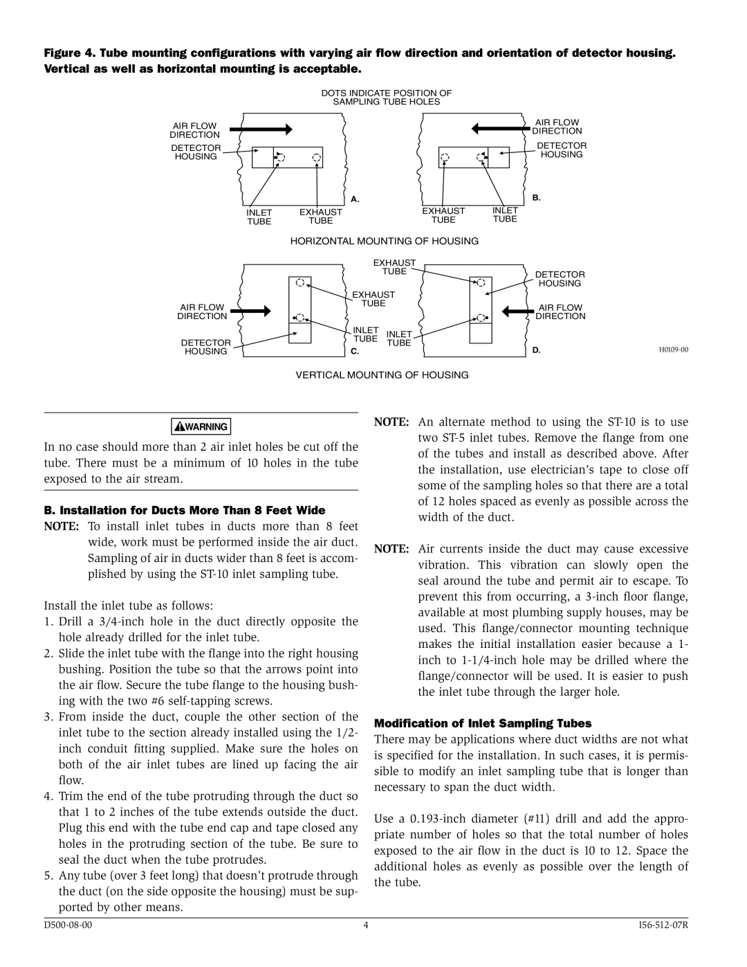 System Sensor DH500 specifications Installation for Ducts More Than 8 Feet Wide, Modification of Inlet Sampling Tubes 