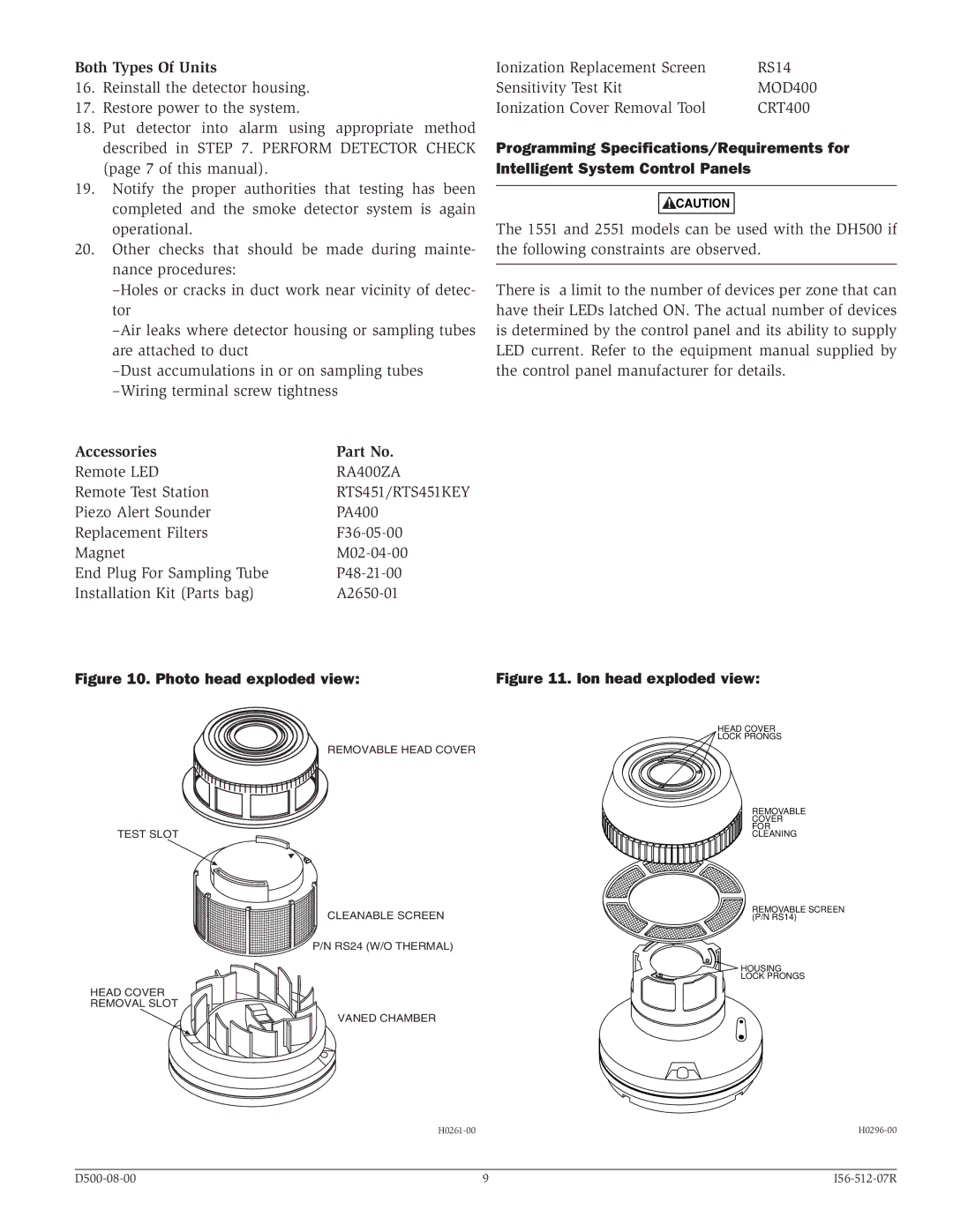 System Sensor Intelligent Air Duct Smoke Detector Housing, DH500 specifications Both Types Of Units, Accessories 