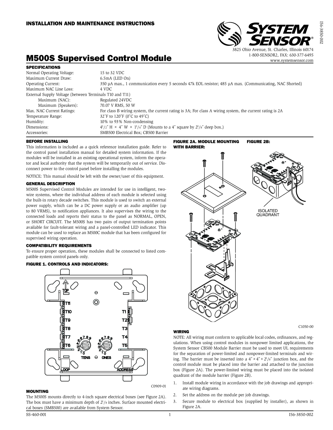 System Sensor installation manual M500S Supervised Control Module 