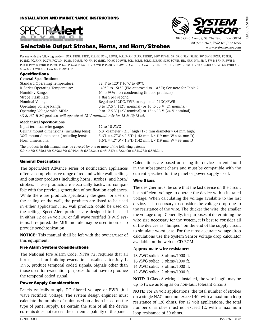 System Sensor P2R specifications Approximate wire resistance 