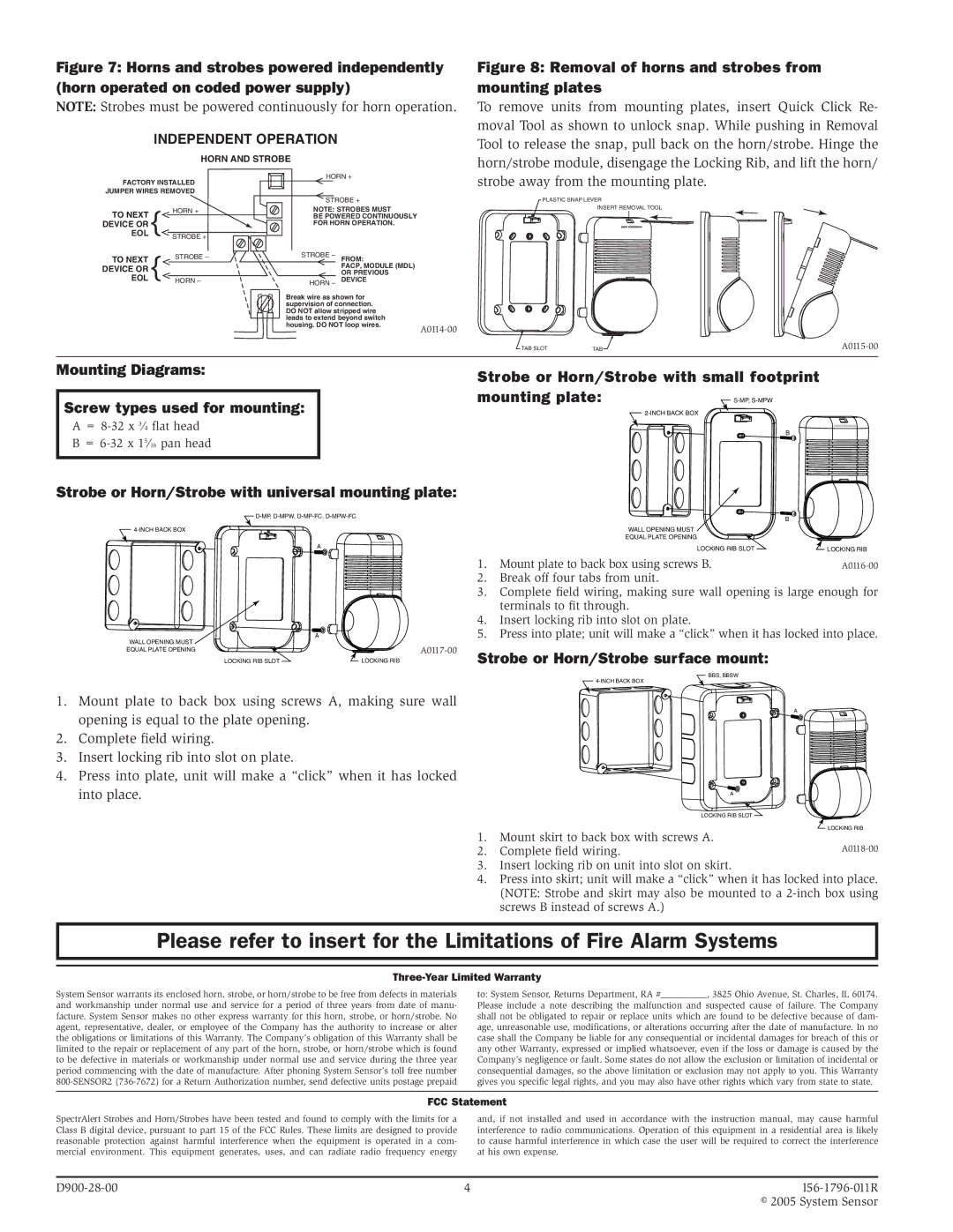 System Sensor S1224MC specifications Mounting Diagrams Screw types used for mounting, Strobe or Horn/Strobe surface mount 