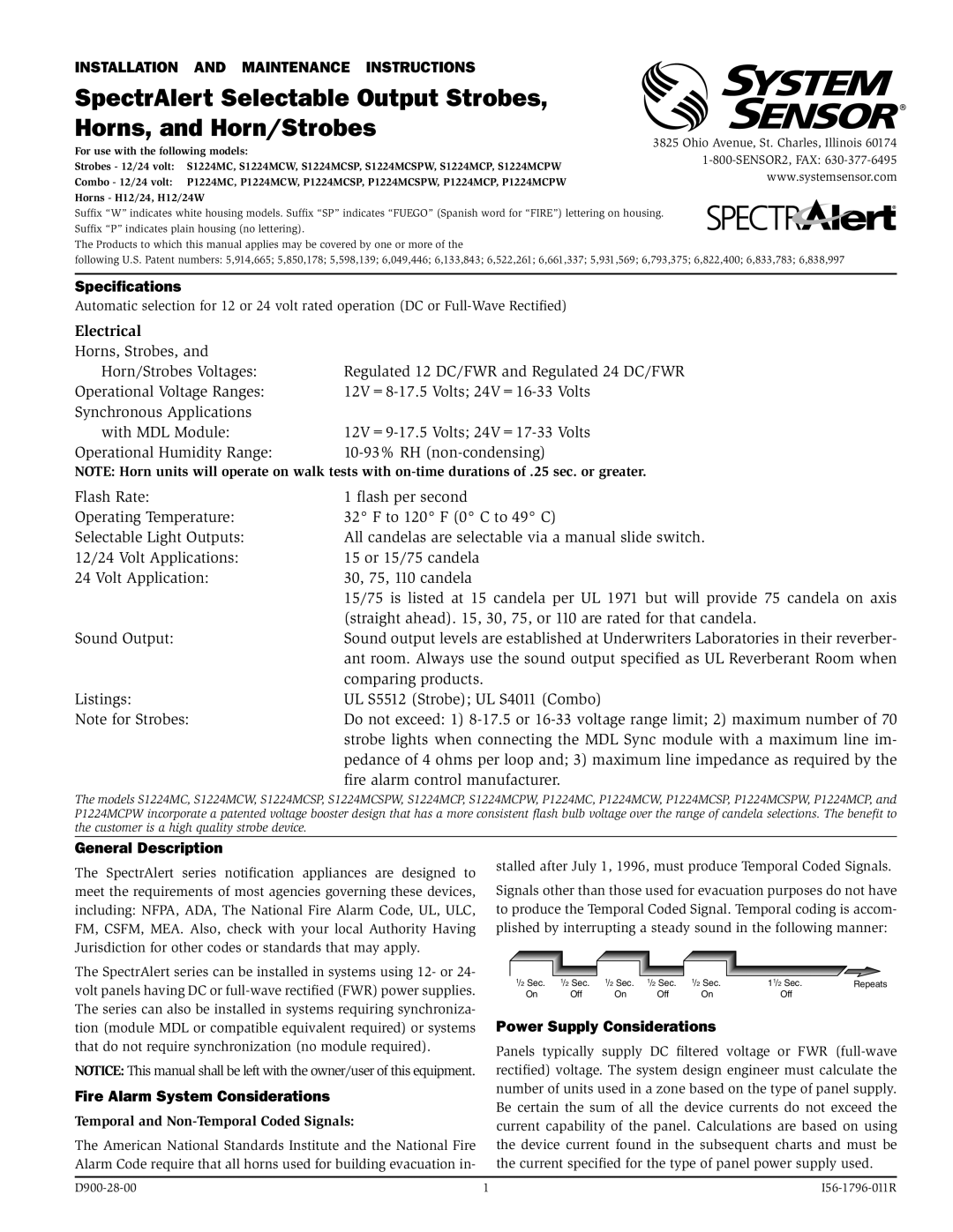 System Sensor S1224MC specifications Installation And Maintenance Instructions, Specifications, Electrical 