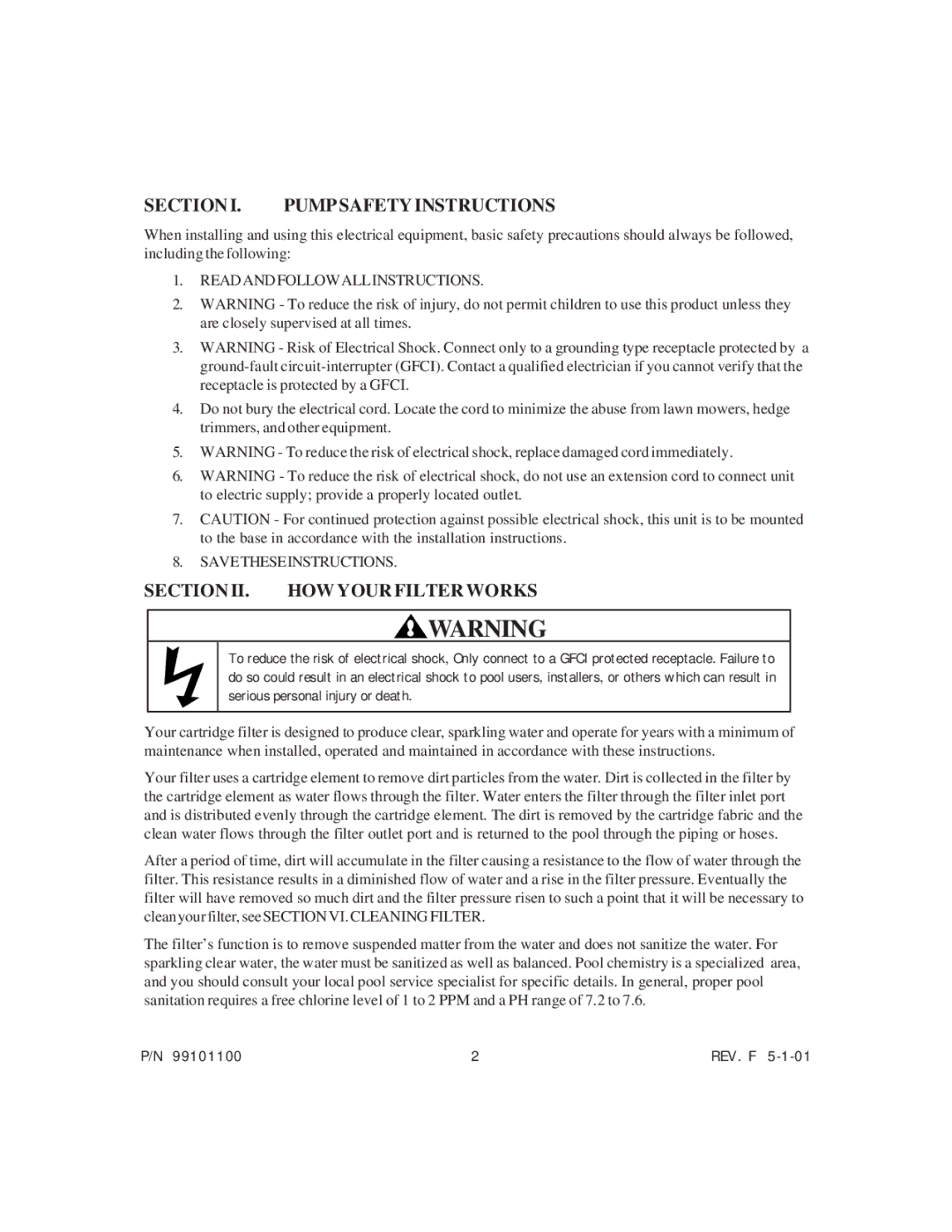 System Works 99101100 Section I. Pump Safety Instructions, Section II. HOW Your Filter Works, Readandfollowallinstructions 