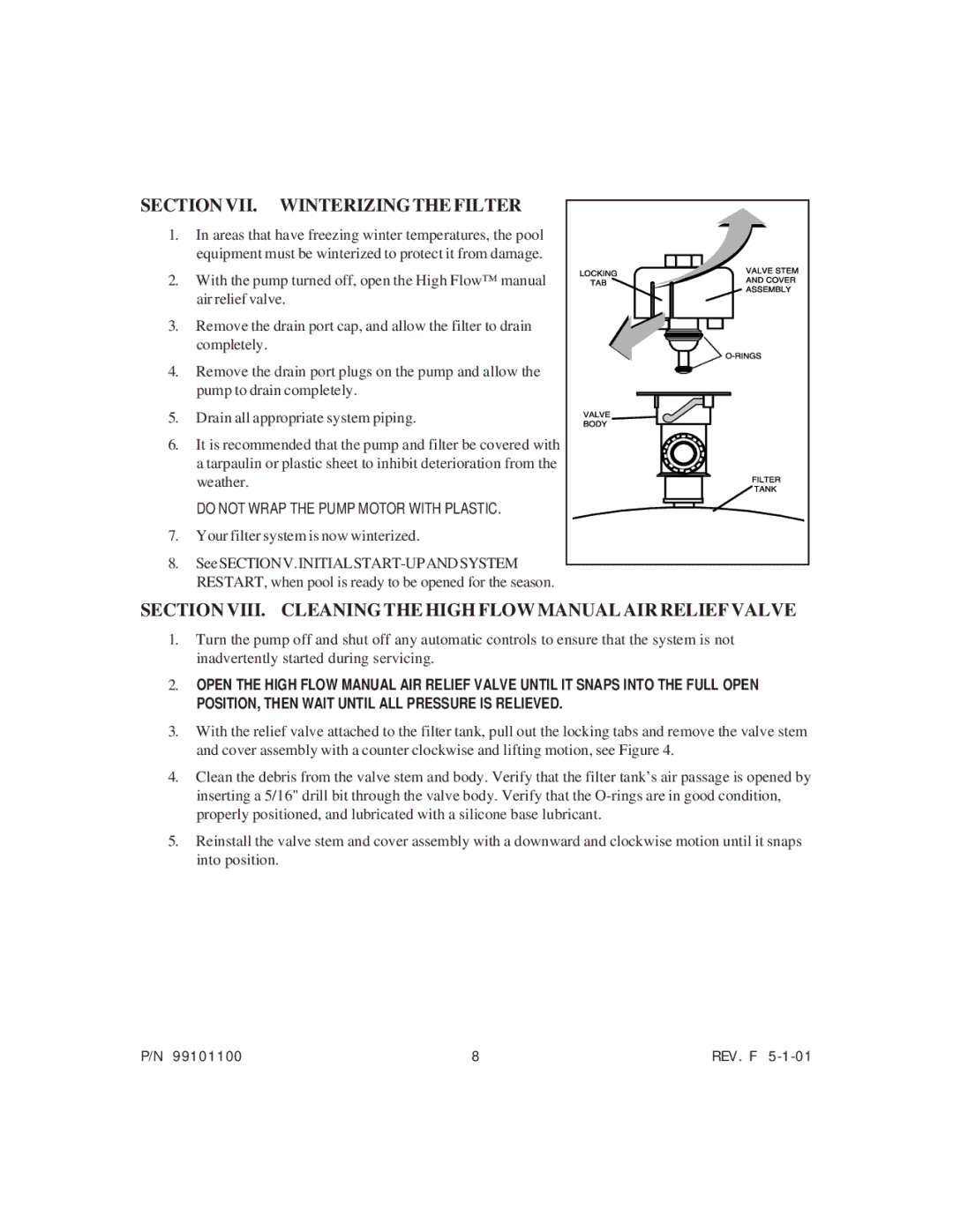 System Works 99101100 Section VII. Winterizingthefilter, Section VIII. Cleaning the High Flow Manual AIR Relief Valve 