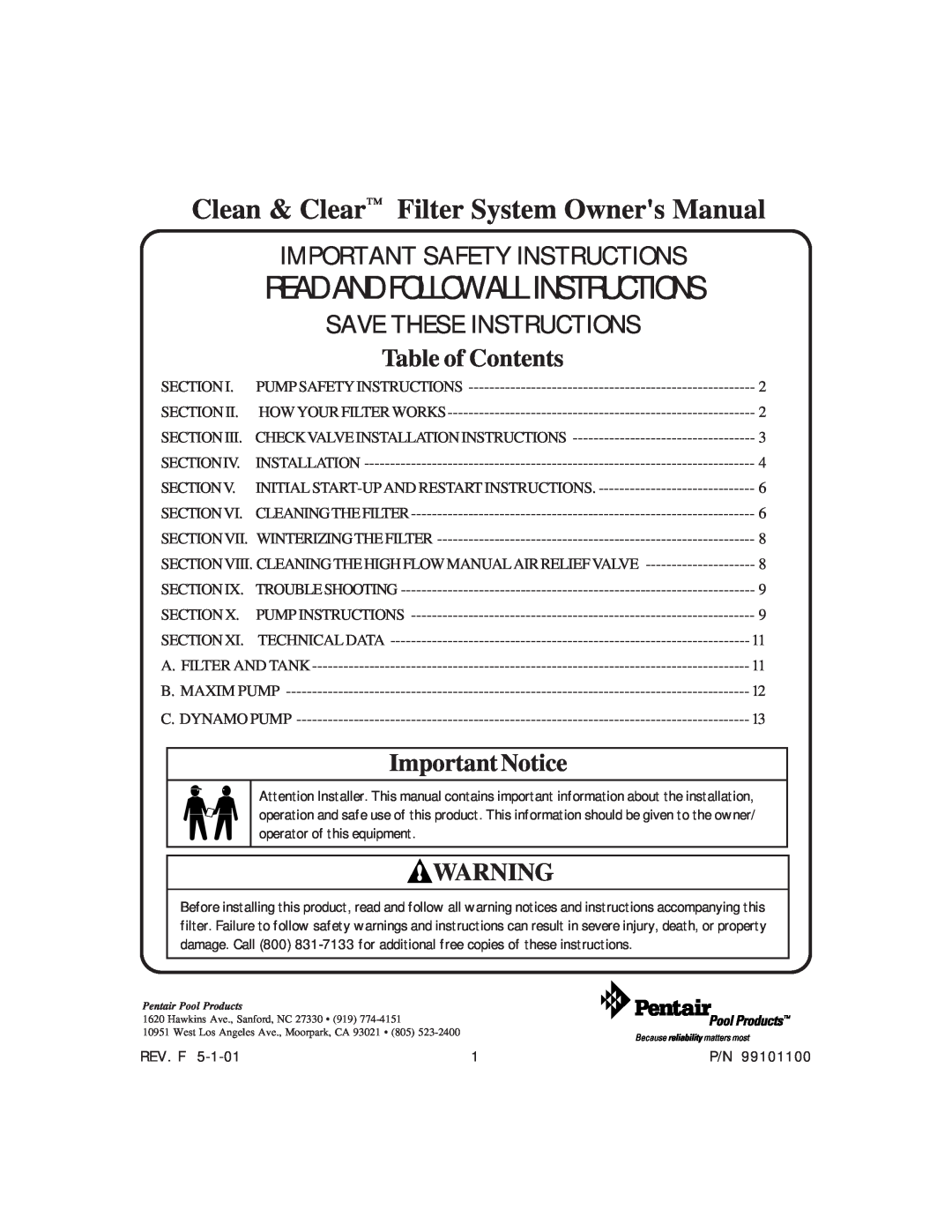 System Works 99101100 manual Clean & Clear Filter System Owners Manual, Table of Contents, Important Notice 