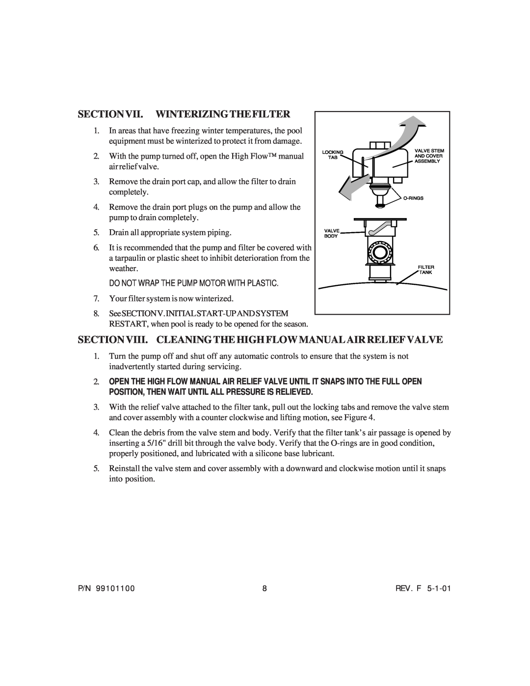 System Works 99101100 Section Vii. Winterizingthefilter, Section Viii. Cleaning The High Flow Manual Air Relief Valve 