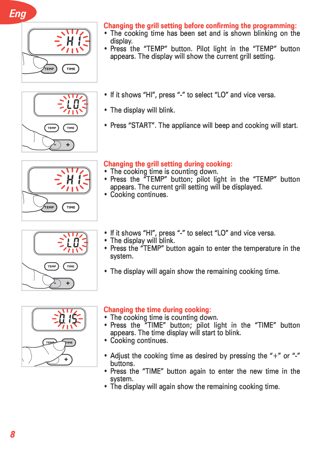 T-Fal 5252 manual Changing the grill setting during cooking, Changing the time during cooking 