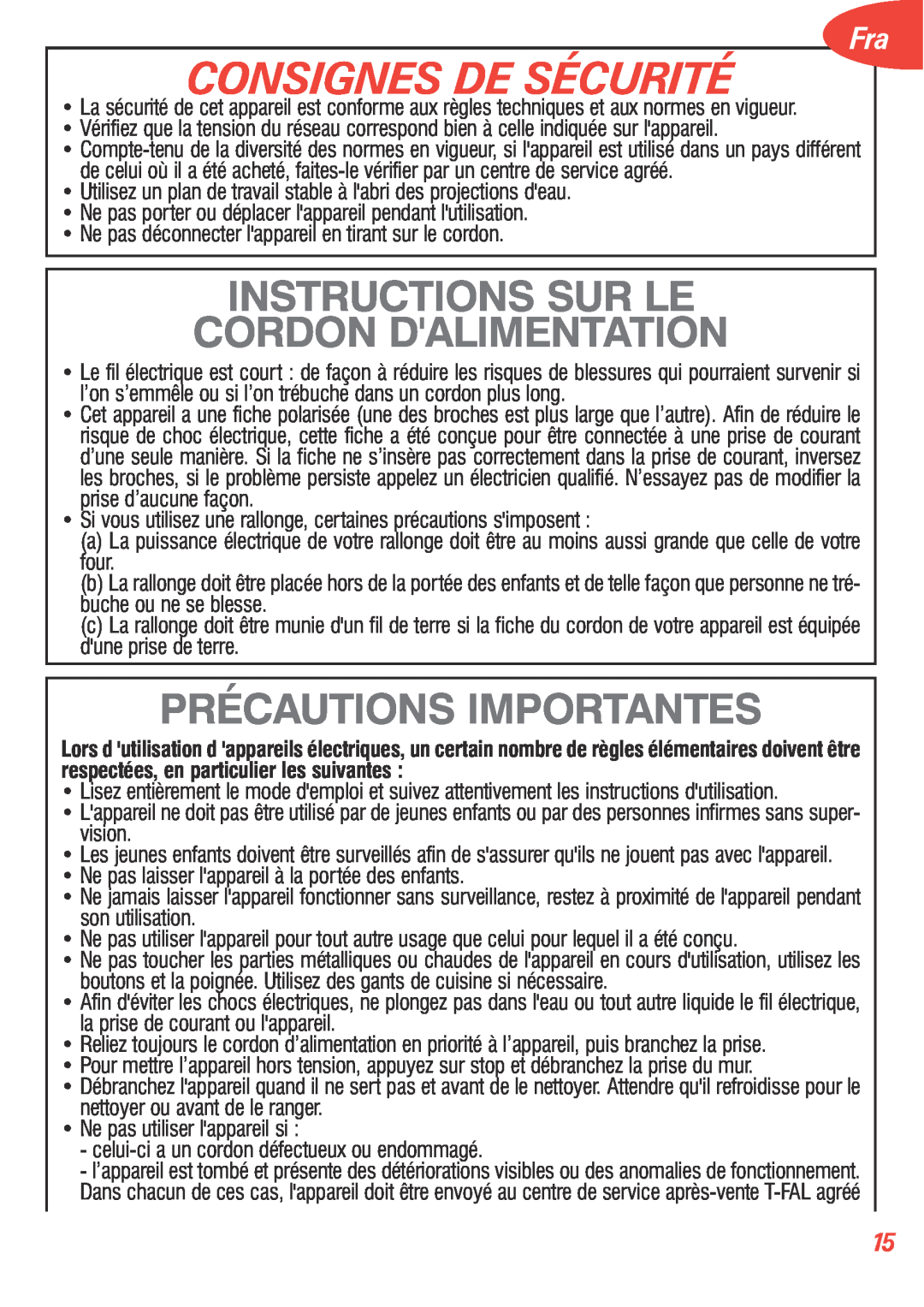 T-Fal 5252 manual Consignes De Sécurité, Instructions Sur Le Cordon Dalimentation, Précautions Importantes 