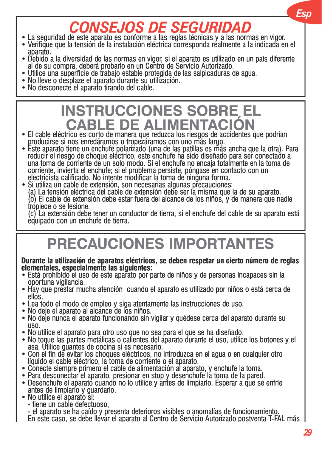 T-Fal 5252 manual Consejos De Seguridad, Instrucciones Sobre El Cable De Alimentación, Precauciones Importantes 