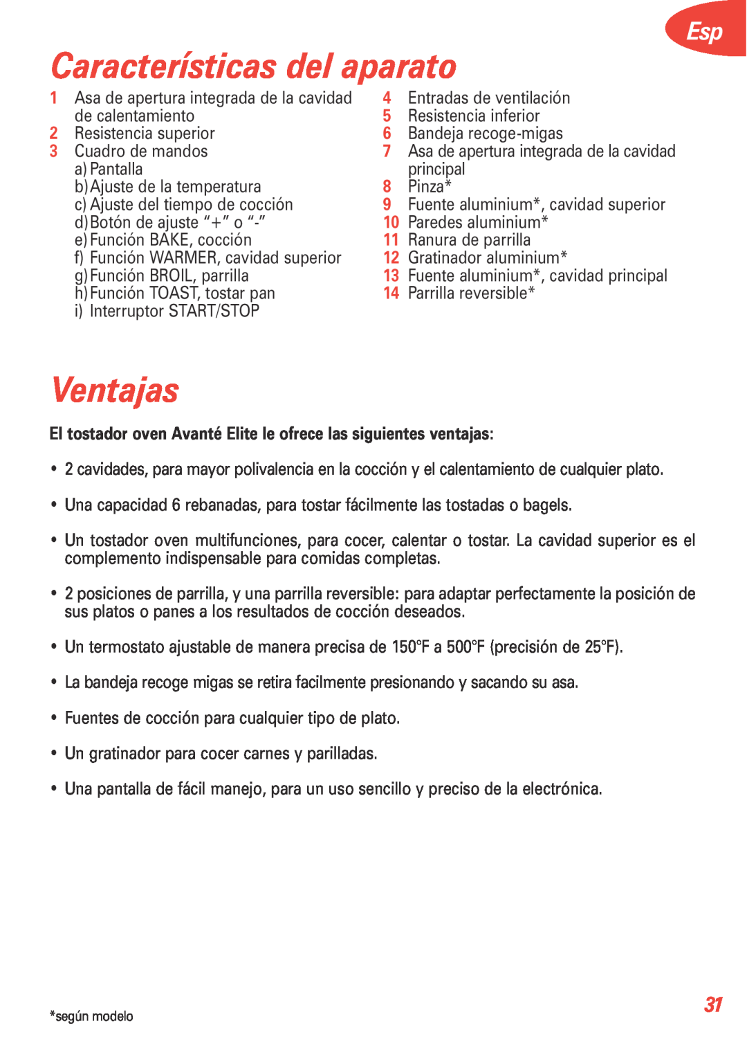 T-Fal 5252 manual Características del aparato, Ventajas 