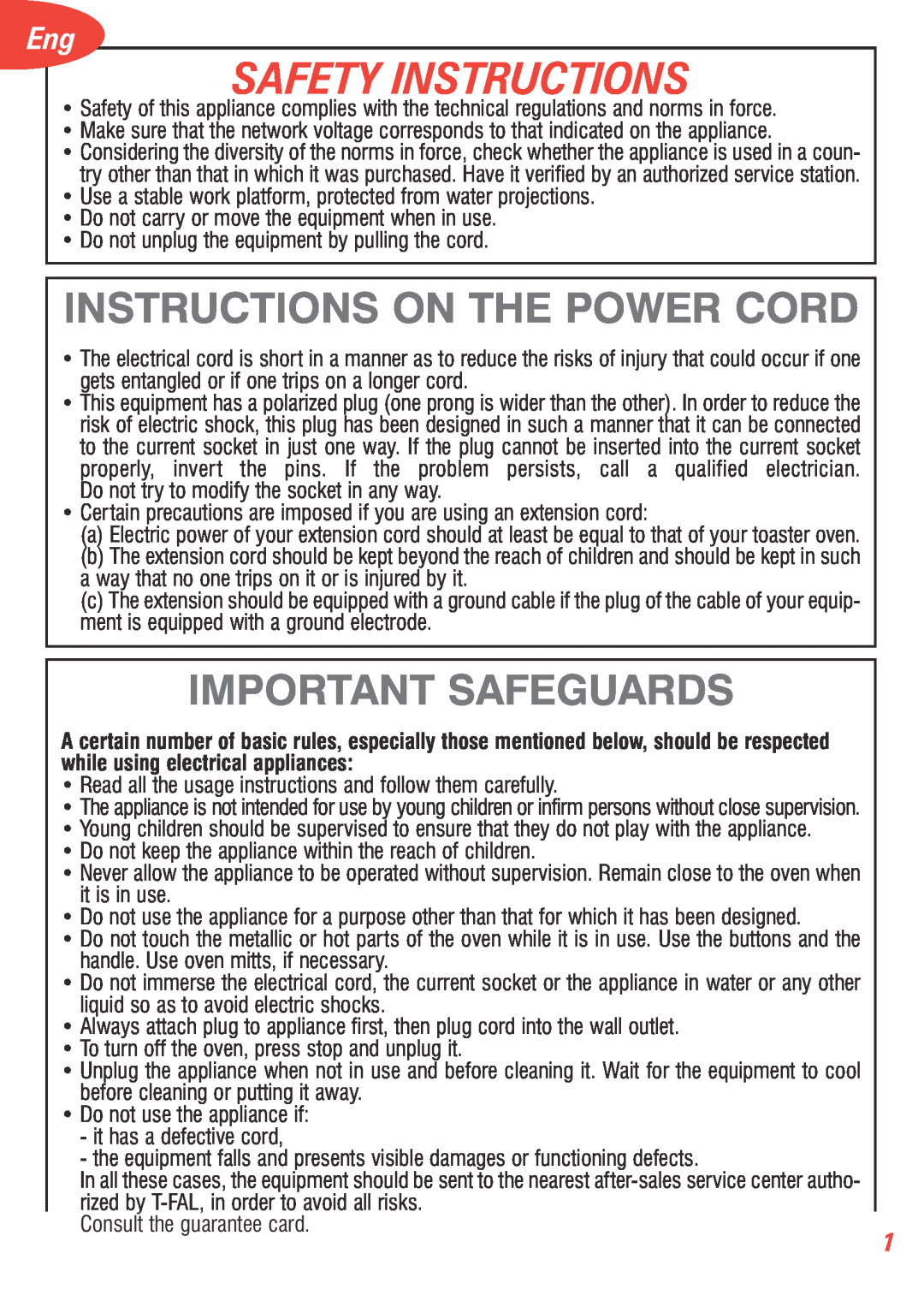 T-Fal 5252 manual Safety Instructions, Instructions On The Power Cord, Important Safeguards 