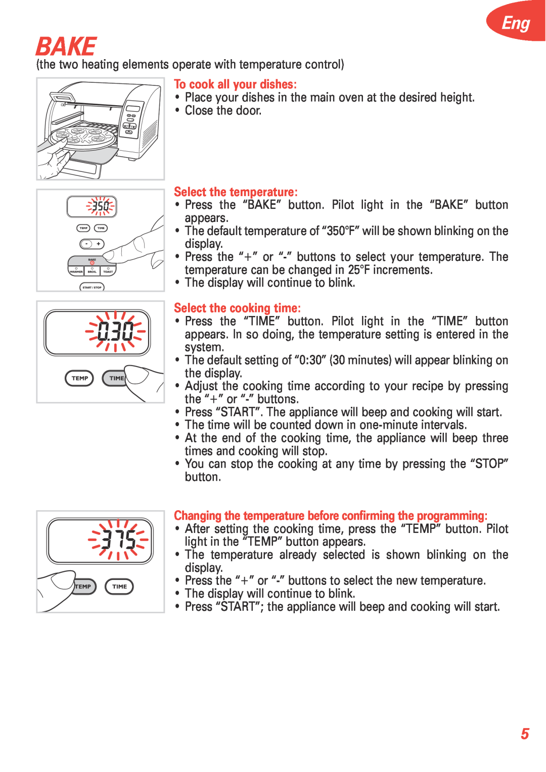 T-Fal 5252 manual Bake, To cook all your dishes, Select the temperature, Select the cooking time 