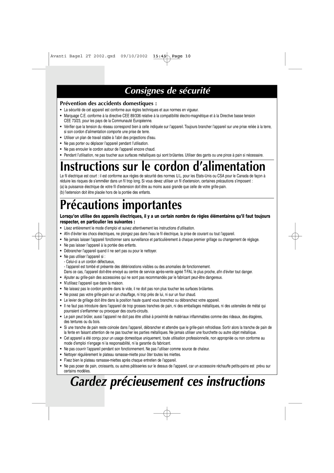 T-Fal Avante Deluxe Bagel manual Instructions sur le cordon d’alimentation, Précautions importantes, Consignes de sécurité 
