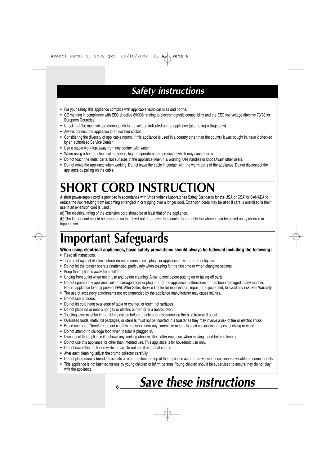 T-Fal Avante Deluxe Bagel Short Cord Instruction, Important Safeguards, 6Save these instructions, Safety instructions 